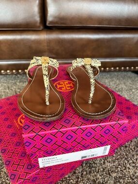 Tory Burch Dune Snake Leather Thong Sandals with Gold Emblem.  Like new.
